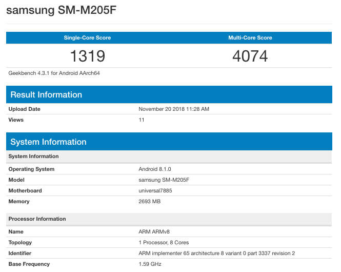 Galaxy M20 appeared in the database Geekbench