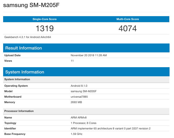 Результаты тестов Galaxy M20 появились в базе Geekbench